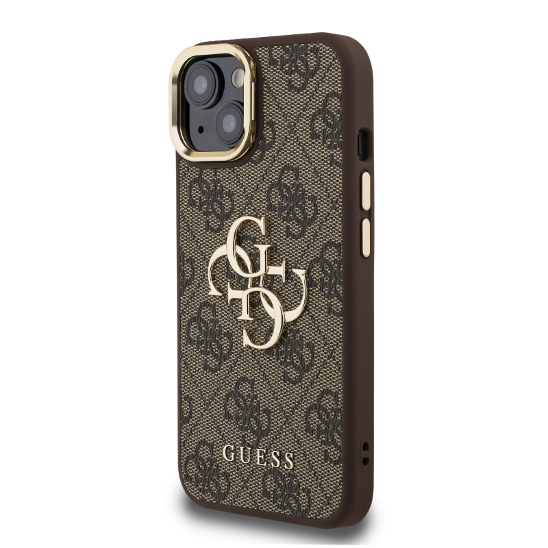 Guess PU 4G Metal Logo Stand Camera Frame Zadní Kryt pro iPhone 14 Brown