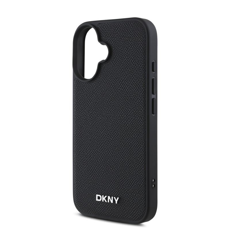 DKNY PU Leather Silver Metal Logo Magsafe Zadní Kryt pro iPhone 16 Plus Black