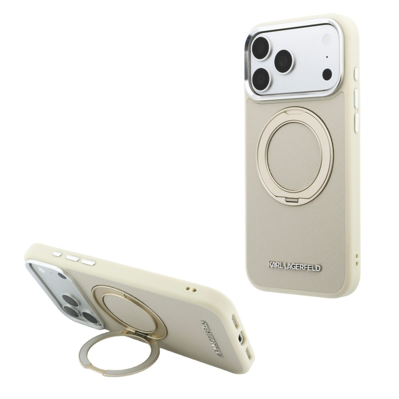 Karl Lagerfeld PU Saffiano Ring Stand MagSafe Zadní Kryt pro iPhone 18 Pro Beige