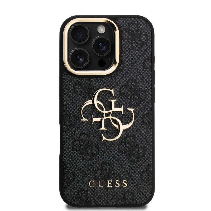 Guess PU 4G Metal Logo Stand Camera Frame Zadní Kryt pro iPhone 16 Pro Black