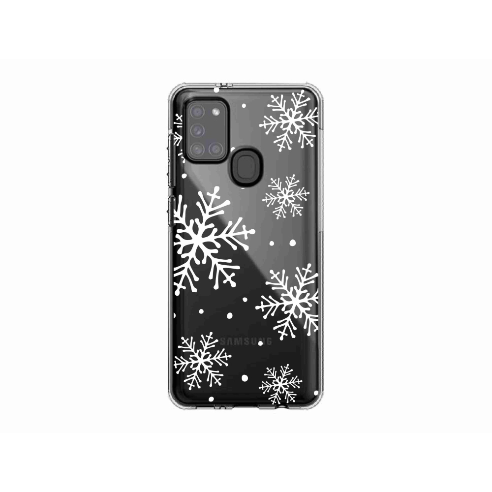 Gelový kryt mmCase na Samsung Galaxy A21s - bílé vločky na průhledném pozadí