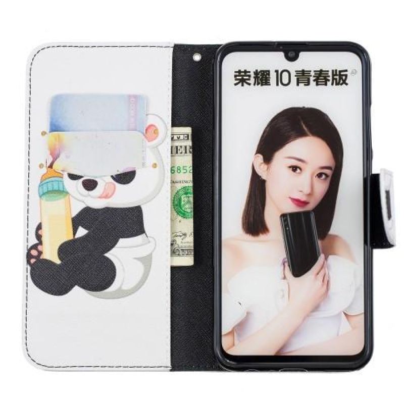 Lovely PU kožené peněženkové pouzdro na Honor 10 Lite a Huawei P Smart (2019) - panda s lahví