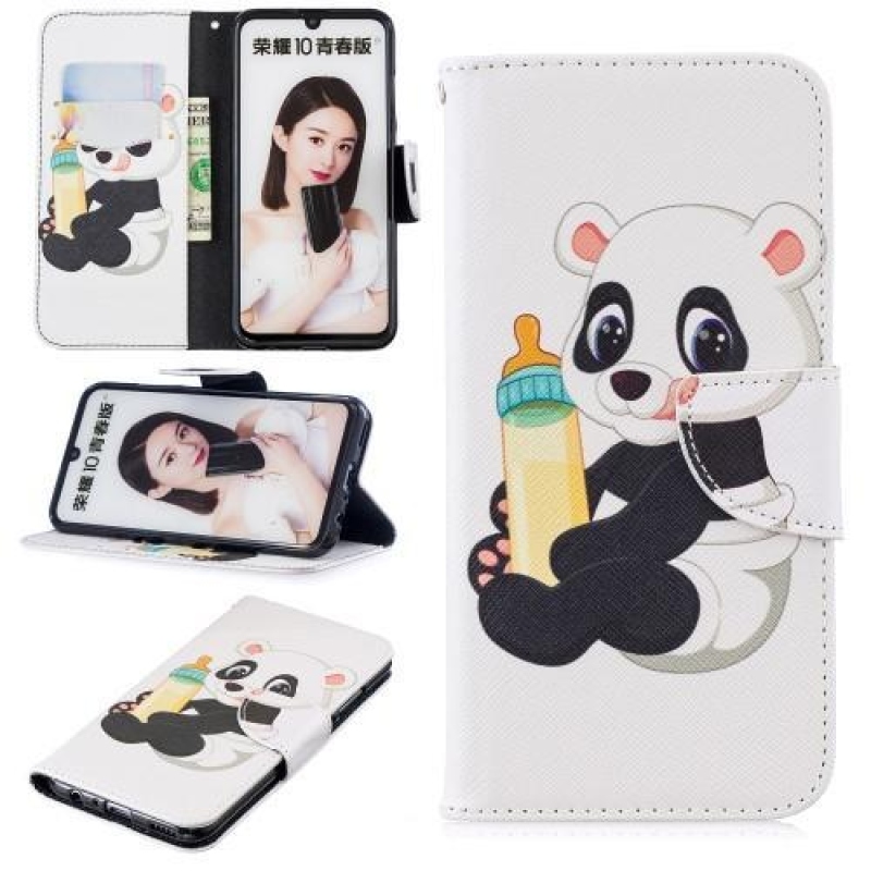Lovely PU kožené peněženkové pouzdro na Honor 10 Lite a Huawei P Smart (2019) - panda s lahví