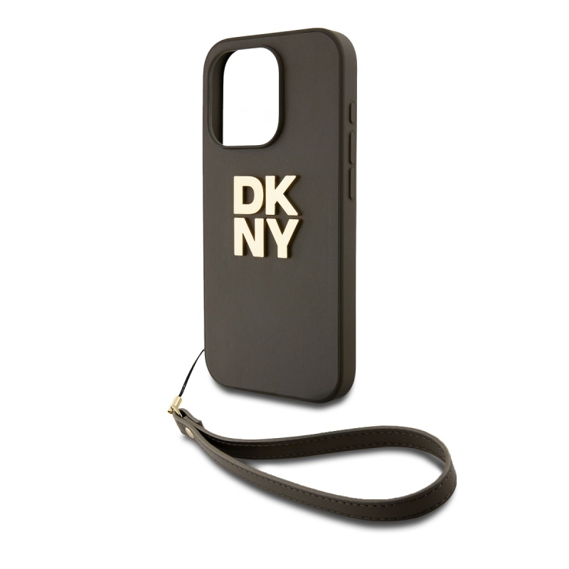 DKNY PU Leather Stack Logo Wrist Strap Zadní Kryt pro iPhone 14 Pro Brown