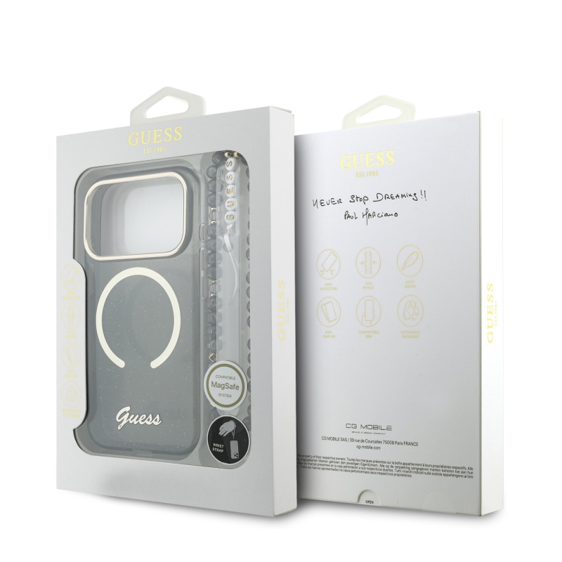 Guess IML Glitter Script Strap MagSafe Zadní Kryt pro iPhone 17 Pro Black