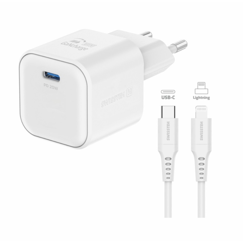 Nabíječka Swissten GaN 1x USB-C 20W Power Delivery + kabel USB-C/Lightning 1,2m - bílá