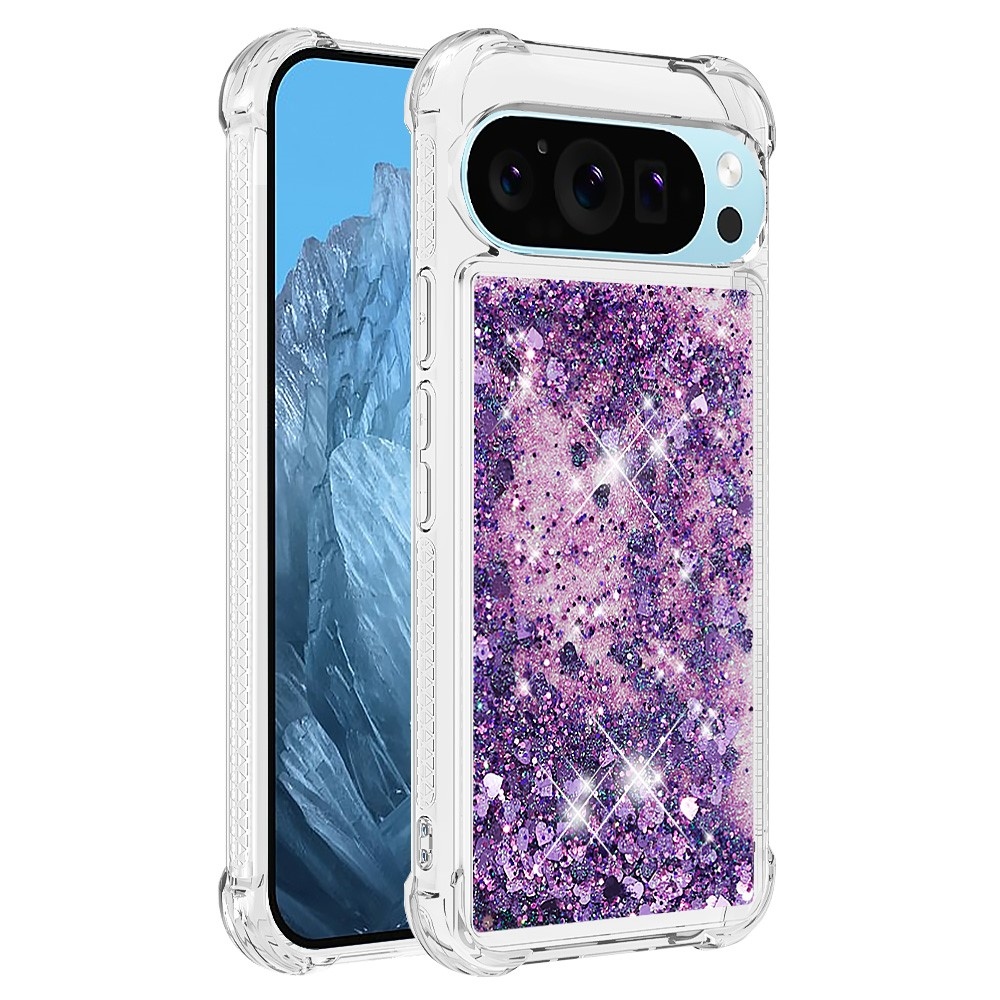 Glitter přesýpací gelový obal na Google Pixel 10 Pro/Pixel 10 - tmavěfialový/srdíčka