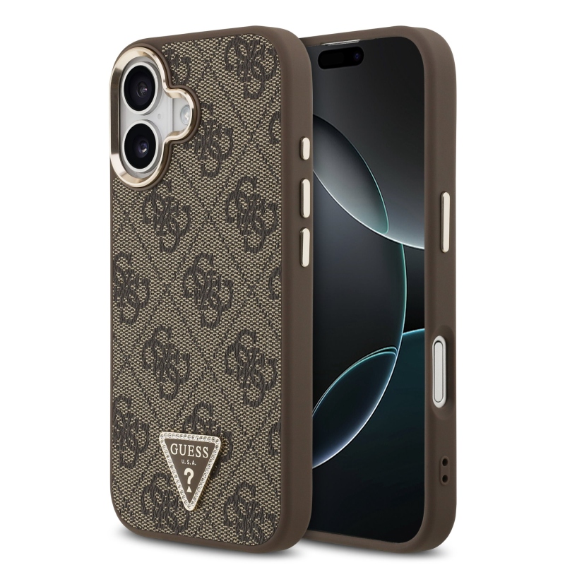 Guess PU Leather 4G Triangle Logo Gold Frame MagSafe Zadní Kryt pro iPhone 17 Brown