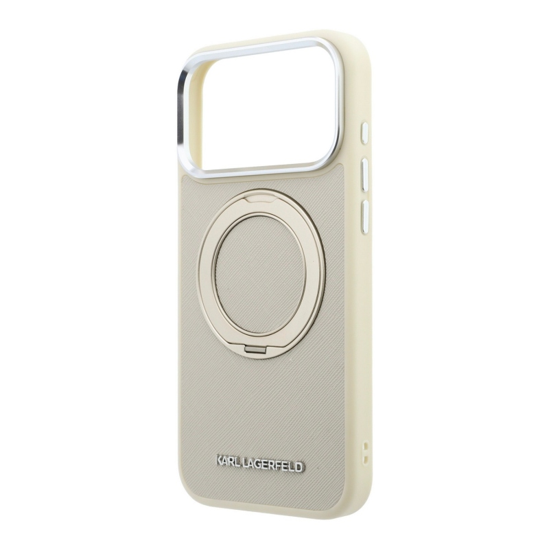 Karl Lagerfeld PU Saffiano Ring Stand MagSafe Zadní Kryt pro iPhone 18 Pro Beige