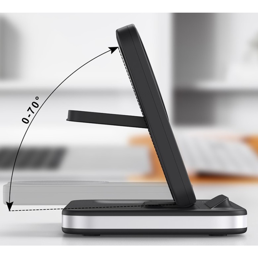 E16 skládací bezdrátová nabíjecí stanice 3v1 s nočním světlem - černá