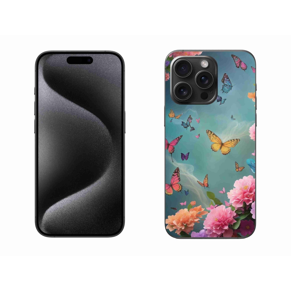 Gelový kryt mmCase na iPhone 15 Pro Max - barevné květy a motýli