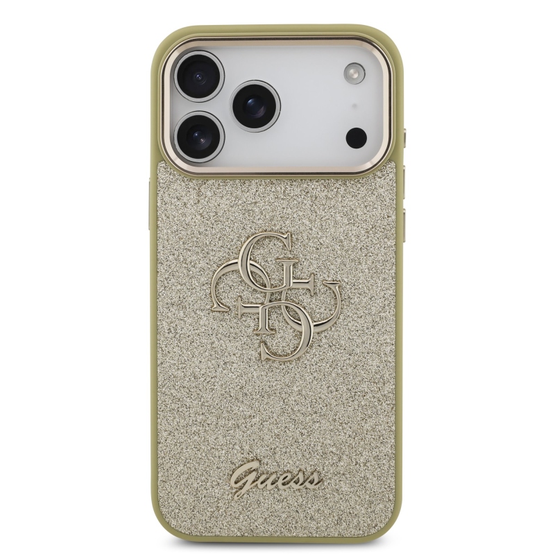 Guess PU Fixed Glitter 4G Metal Frame Zadní Kryt pro iPhone 17 Pro Max Gold