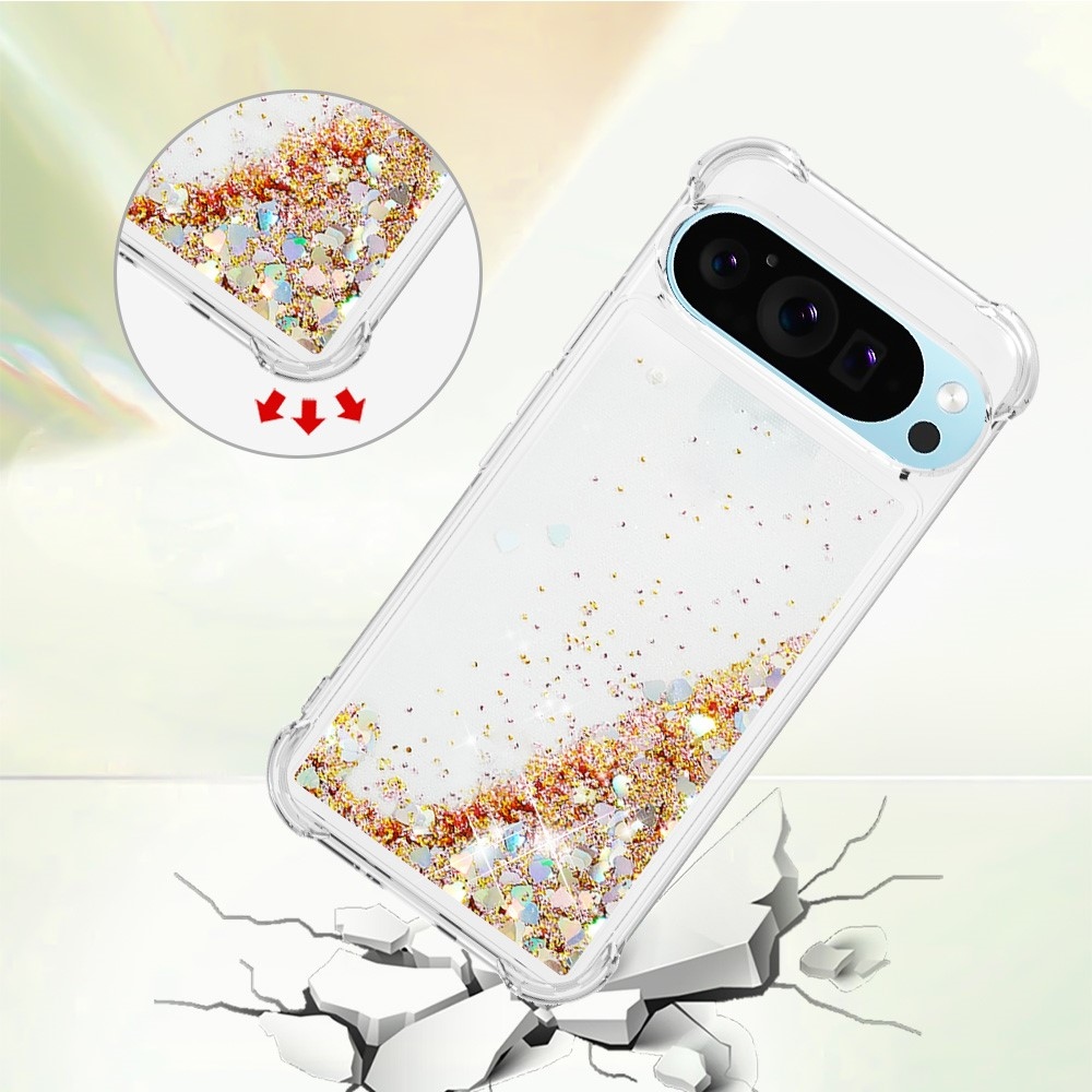 Glitter přesýpací gelový obal na Google Pixel 10 Pro/Pixel 10 - zlatý/srdíčka