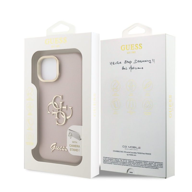 Guess PU Grained 4G Logo Stand Camera Frame Zadní Kryt pro iPhone 14 Pink