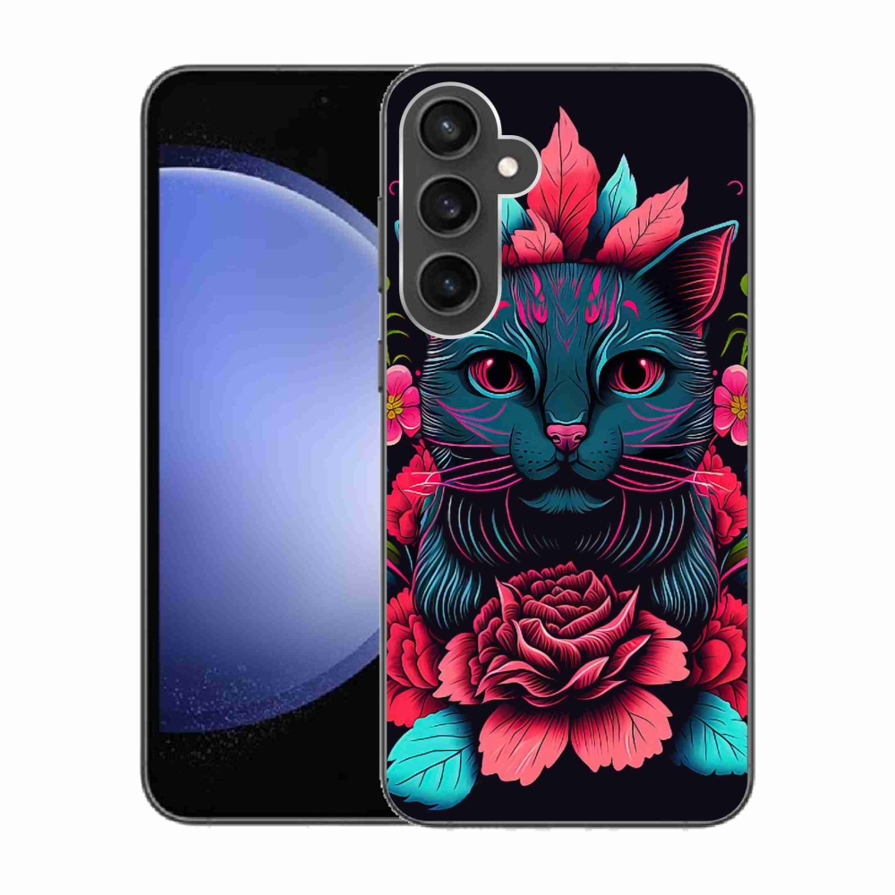Gelový kryt mmCase na Samsung Galaxy S23 FE - květiny a kočka