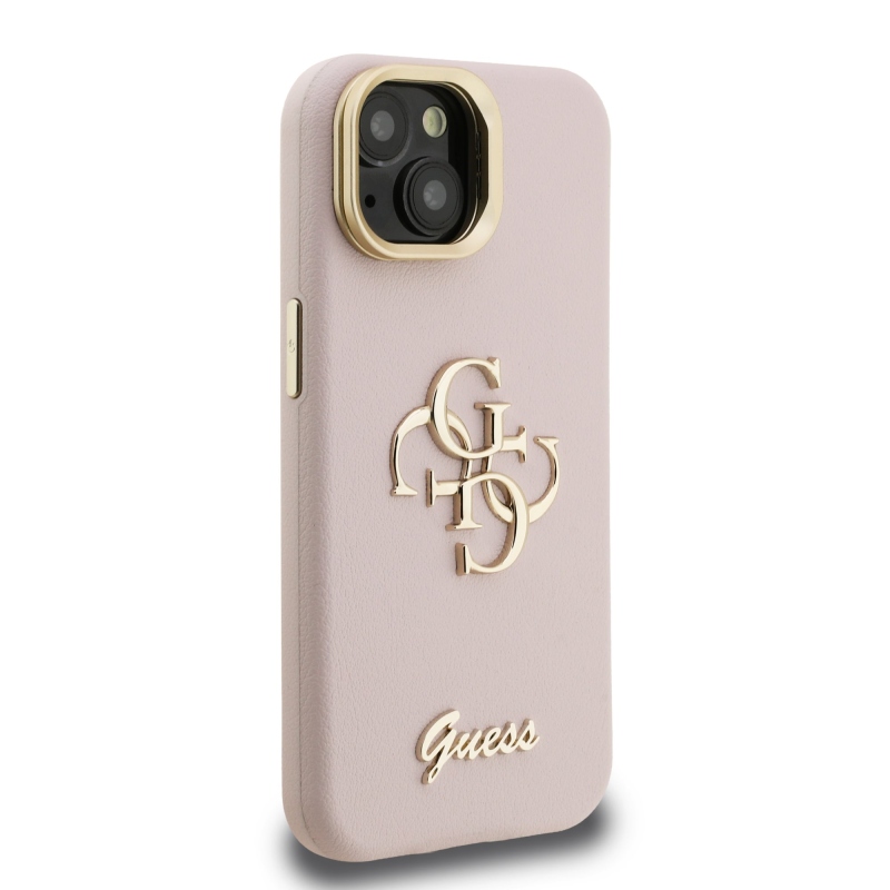 Guess PU Grained 4G Logo Stand Camera Frame Zadní Kryt pro iPhone 13 Pink