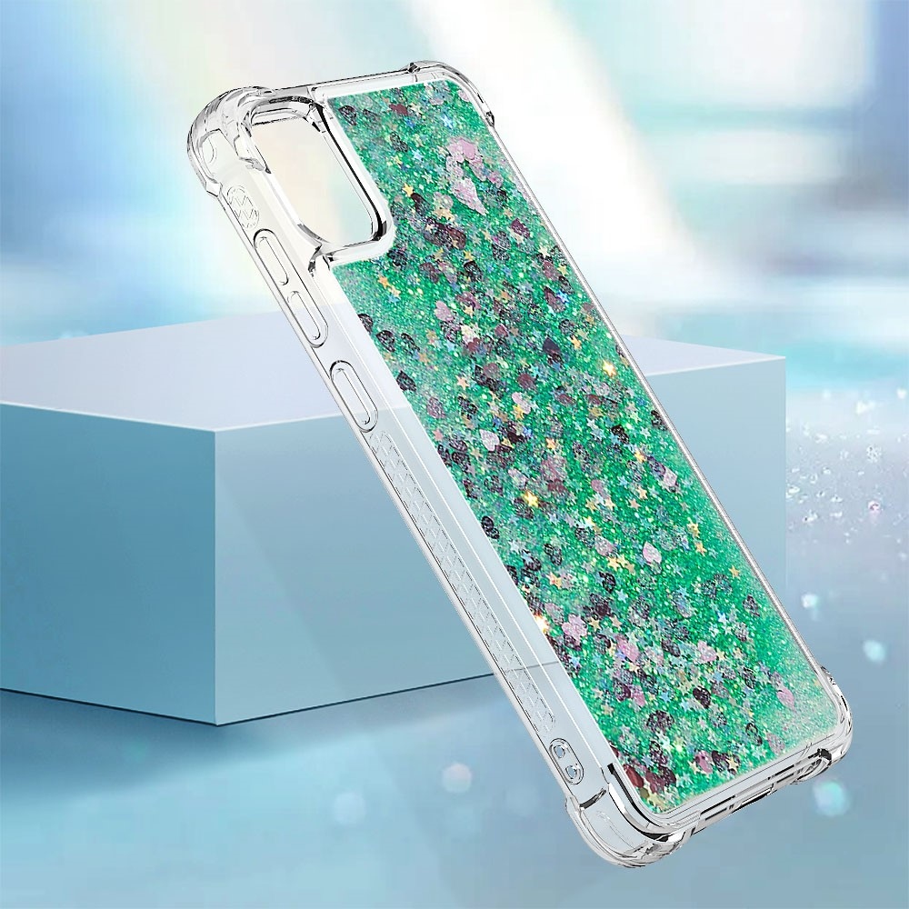 Glitter přesýpací gelový obal na Samsung Galaxy A06 4G - zelený/srdíčka