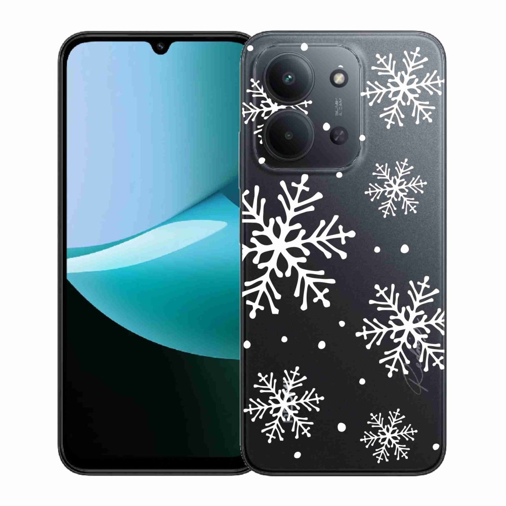 Gelový kryt mmCase na Xiaomi Redmi 15C 4G (171mm)/Poco C85 4G (171mm) - bílé vločky na průhledném pozadí