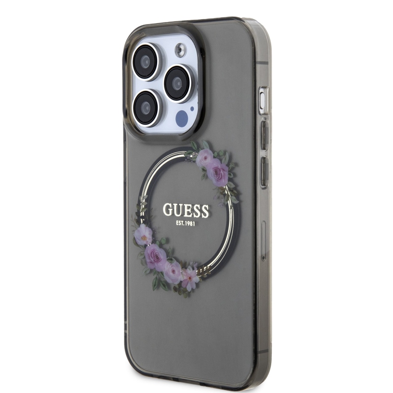 Guess PC/TPU Flowers Ring Glossy Logo MagSafe Zadní Kryt pro iPhone 13 Pro Black 