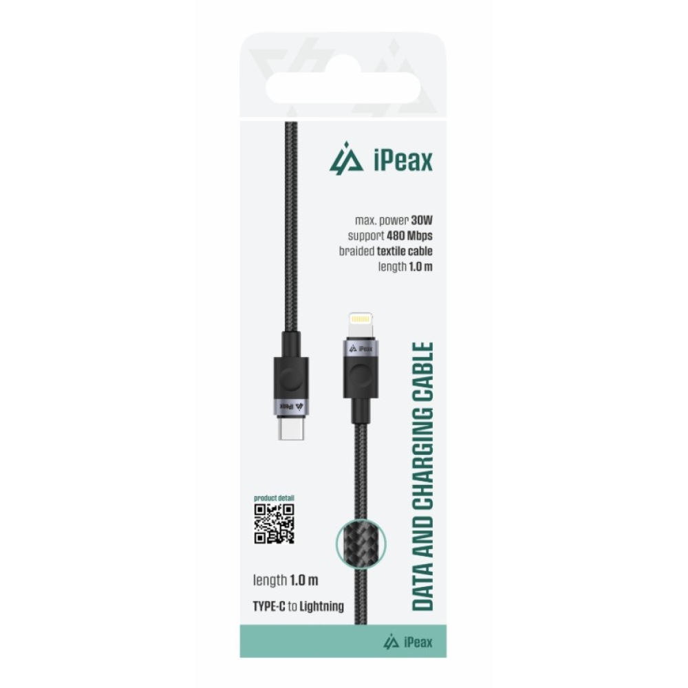 iPEAX Textilní kabel USB-C / lightning 1 m, USB 2.0 - černý