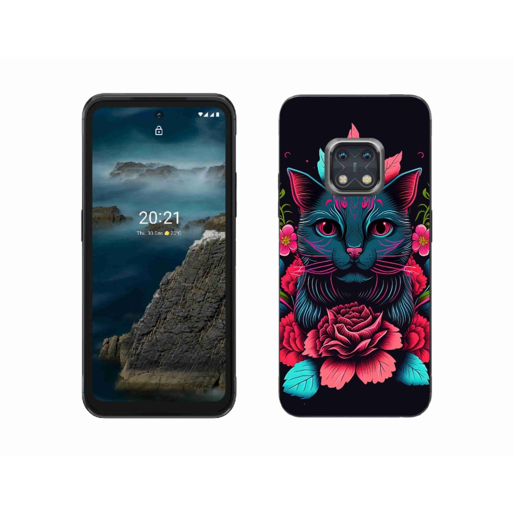 Gelový kryt mmCase na Nokia XR20 - květiny a kočka