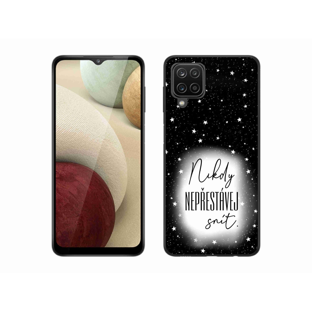 Gelový kryt mmCase na Samsung Galaxy A12 - citát 1 bíločerné pozadí