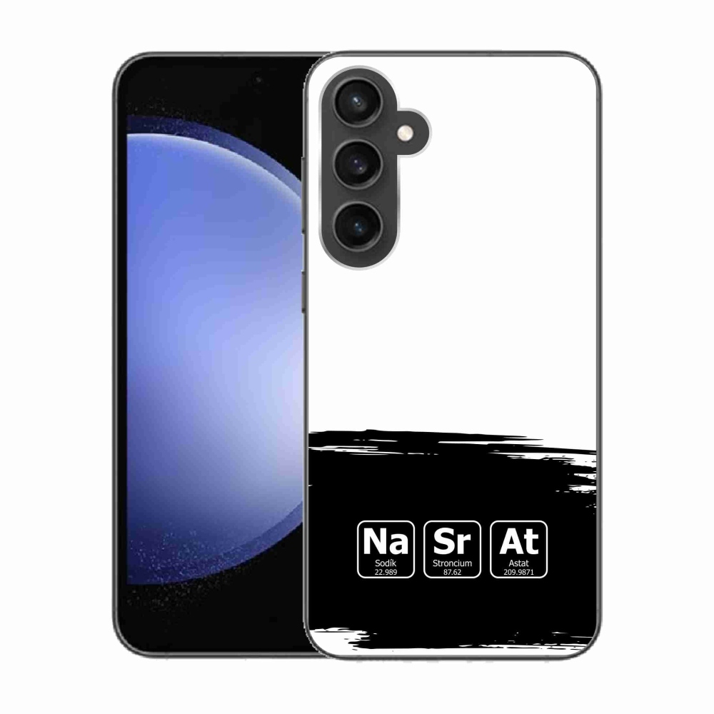 Gelový kryt mmCase na Samsung Galaxy S23 FE - chemické prvky černobílé pozadí