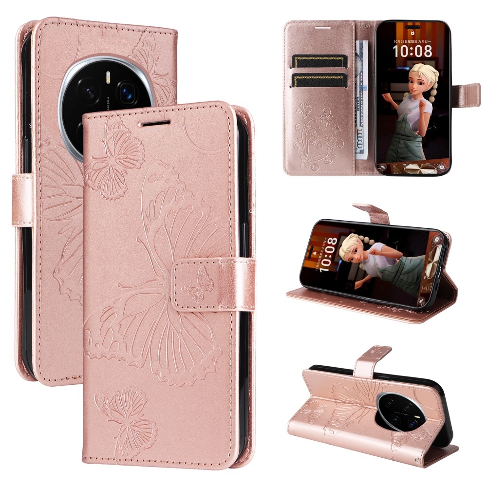 Big Butterfly knížkové pouzdro na Honor Magic 7 Pro 5G - růžovozlaté