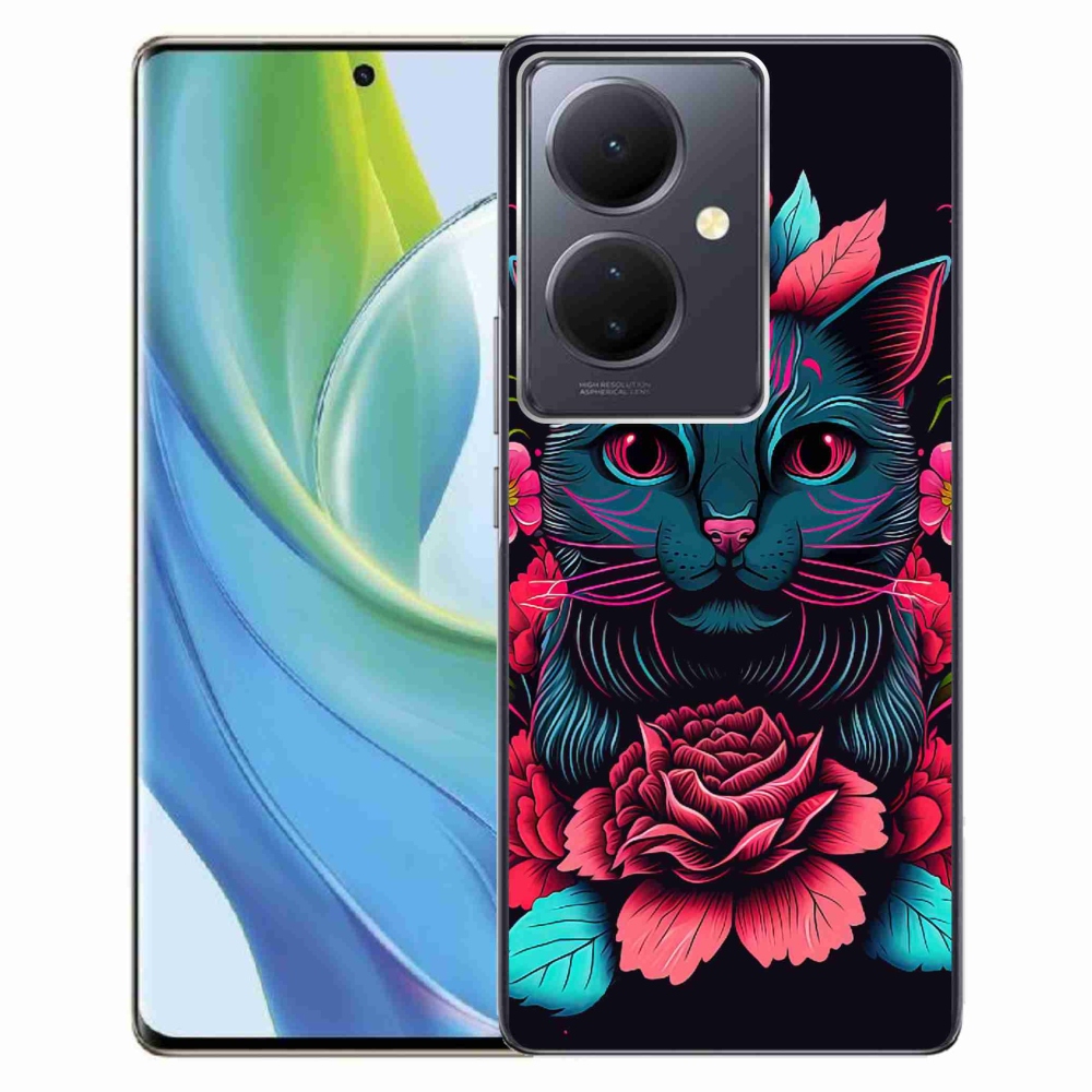 Gelový kryt mmCase na Vivo V29 Lite 5G - květiny a kočka