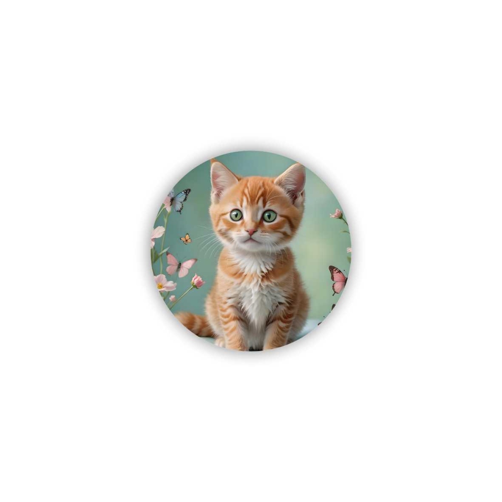 Magnetka 60x60mm ve tvaru kruhu - koťátko v zahradě motýlů