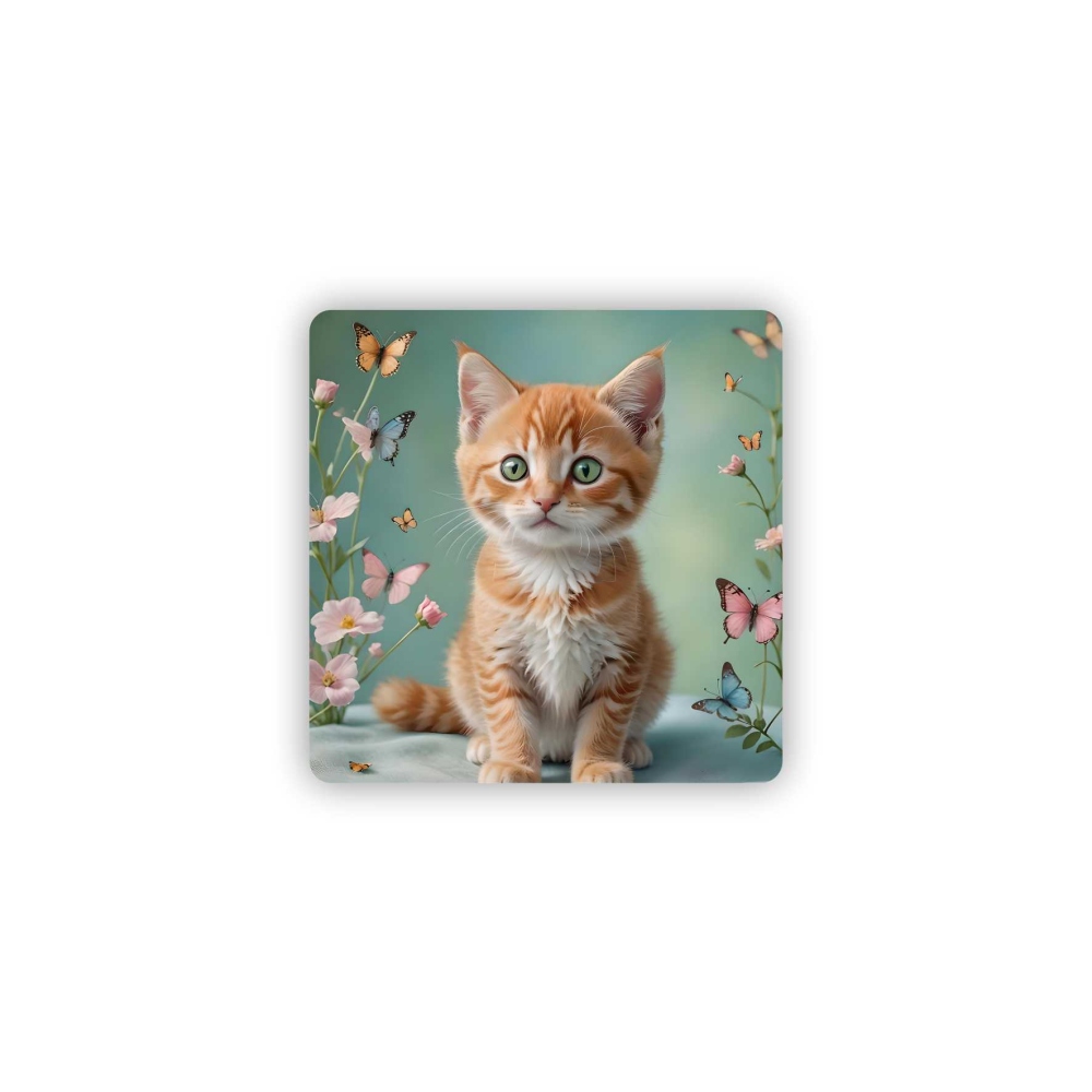 Magnetka 65x65mm ve tvaru čtverce - koťátko v zahradě motýlů