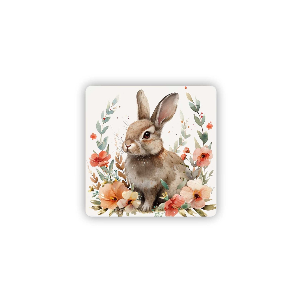 Magnetka 65x65mm ve tvaru čtverce - králíček mezi květinami