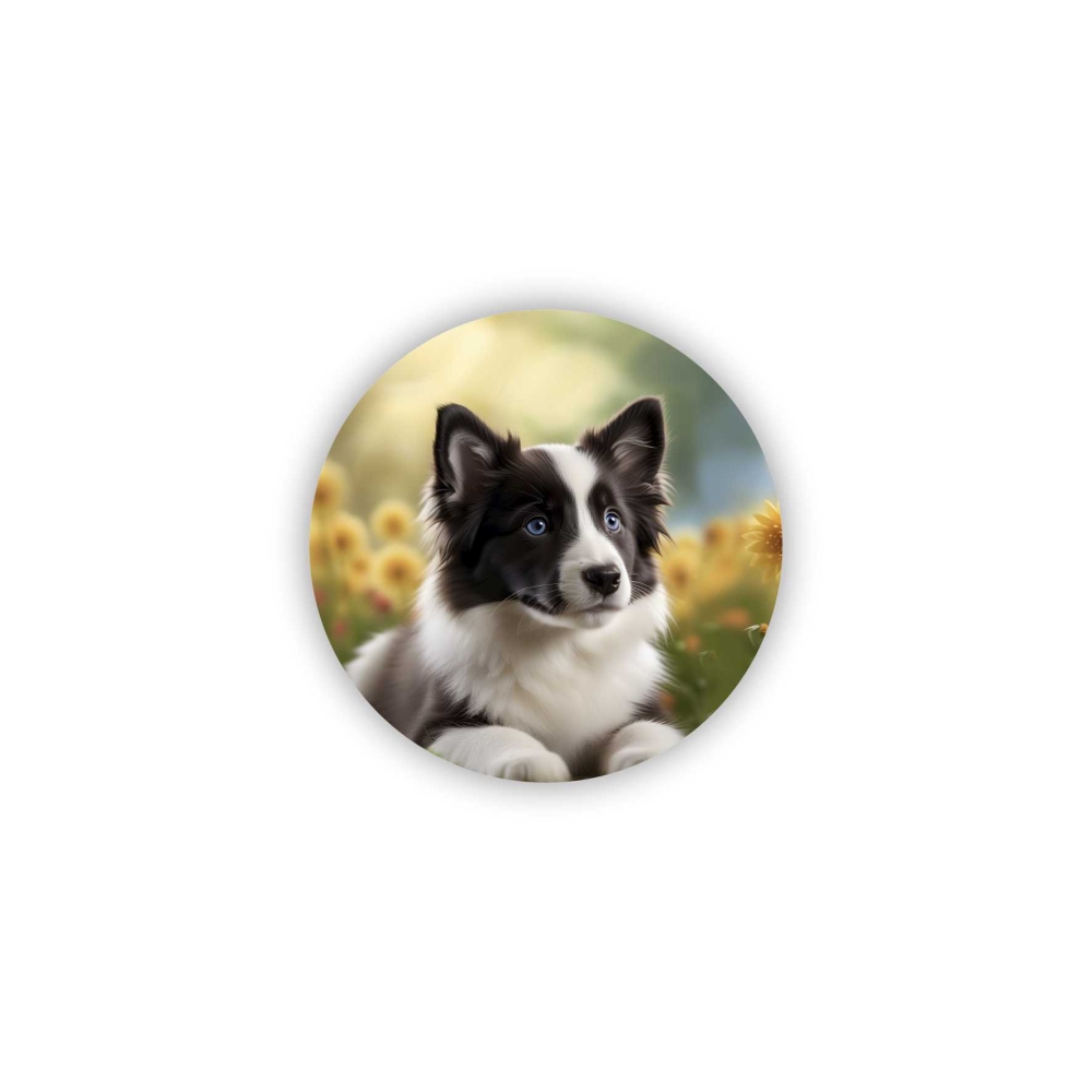 Magnetka 65x65mm ve tvaru kruhu - border kolie v květinách
