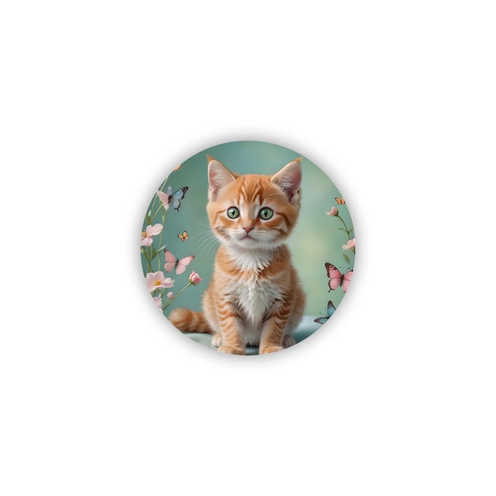Magnetka 65x65mm ve tvaru kruhu - koťátko v zahradě motýlů