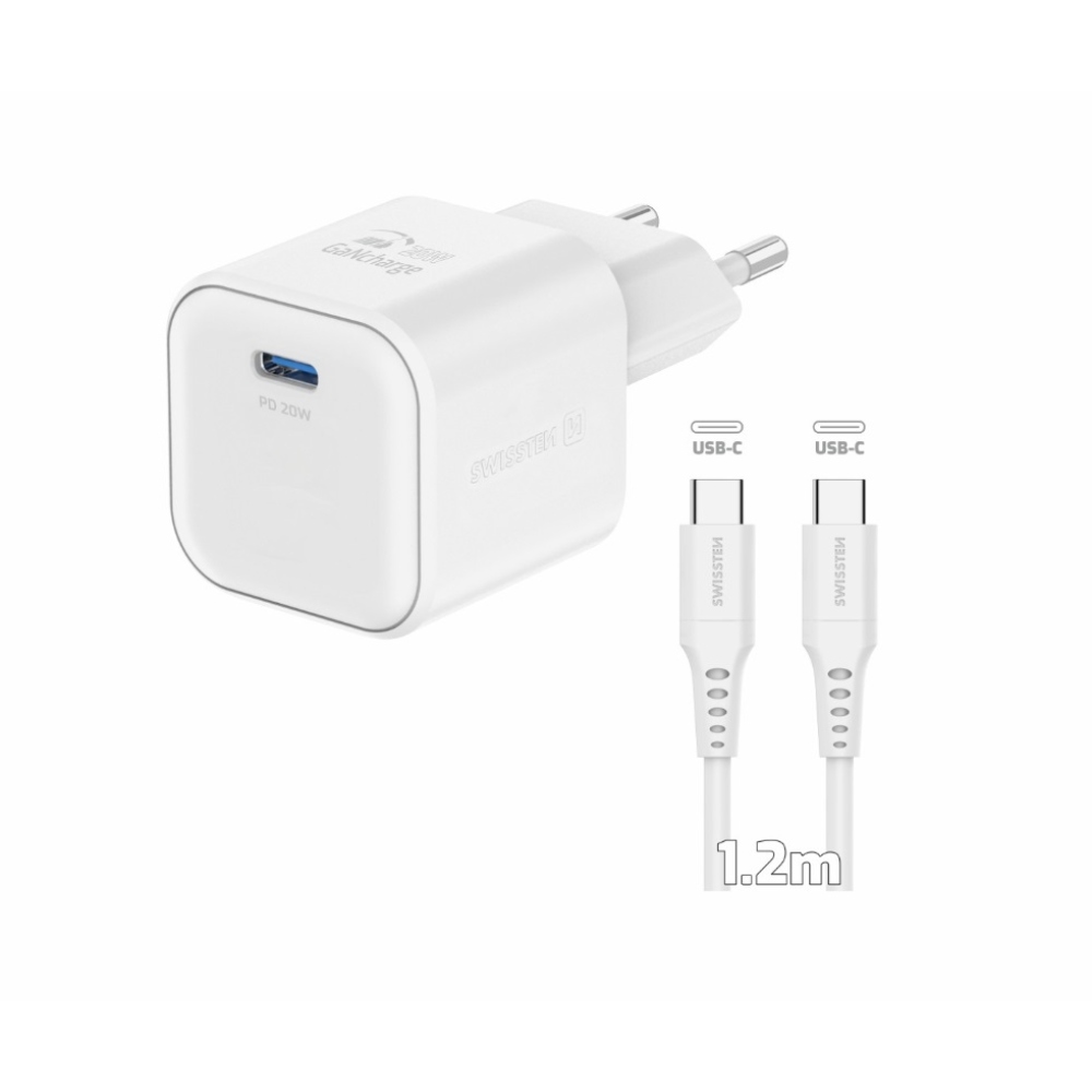 Nabíječka Swissten GaN 1x USB-C 20W Power Delivery + kabel USB-C/USB-C 1,2m - bílá
