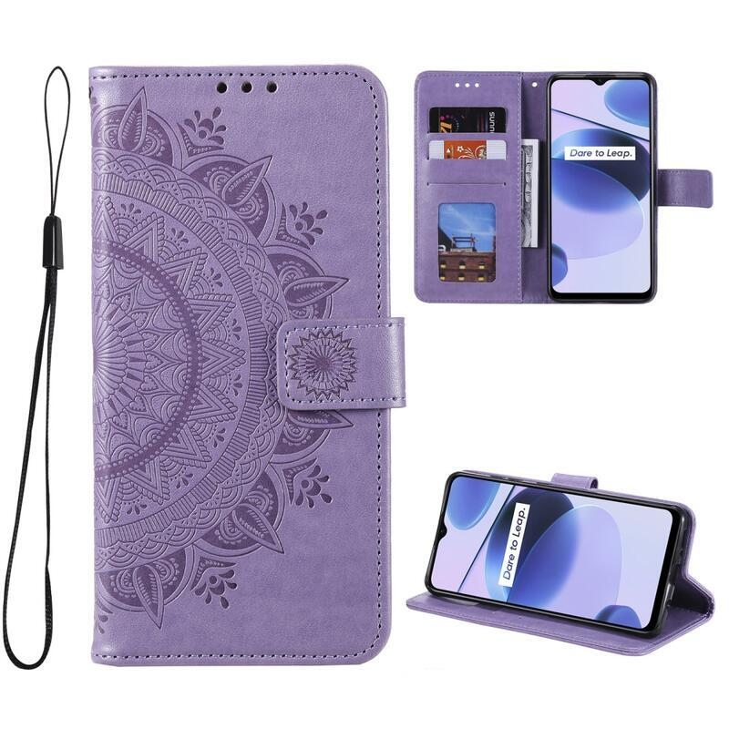 Mandala PU kožené peněženkové pouzdro na mobil Realme C35 - fialové