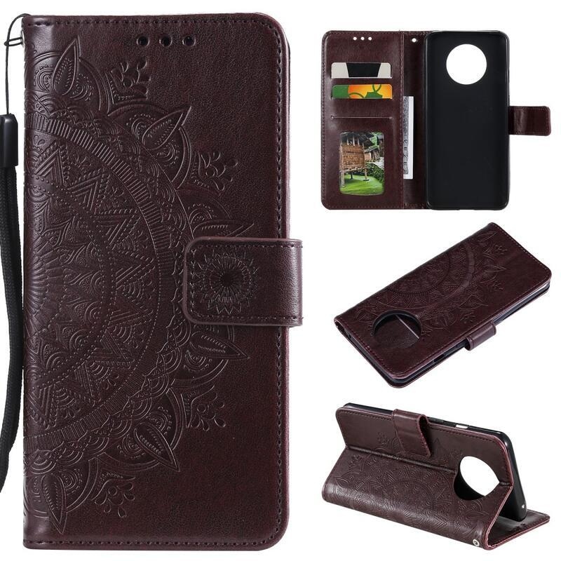 Mandala PU kožené peněženkové pouzdro na mobil Xiaomi Redmi Note 9T 5G - hnědé