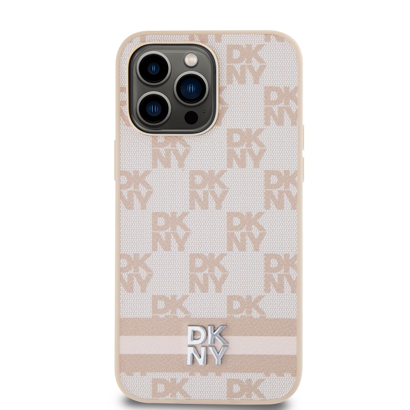 DKNY PU Leather Checkered Pattern and Stripe Zadní Kryt pro iPhone 15 Pro Max Pink