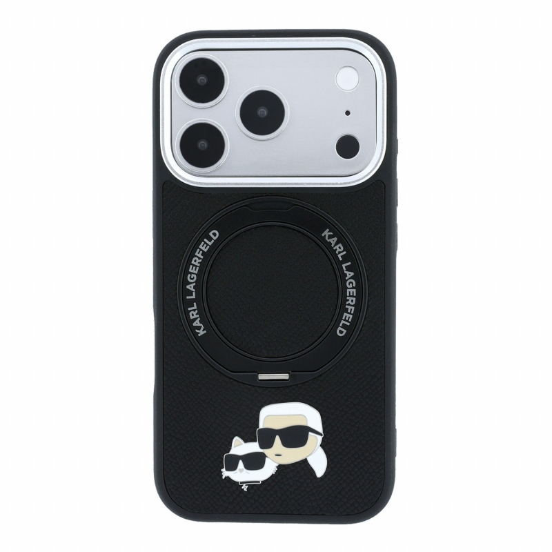 Karl Lagerfeld PU Grained K&CH Heads Ring Stand Magsafe Zadní Kryt pro iPhone 18 Pro Max Black