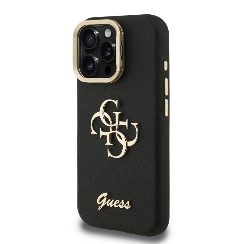 Guess PU Grained 4G Logo Stand Camera Frame Zadní Kryt pro iPhone 16 Pro Black
