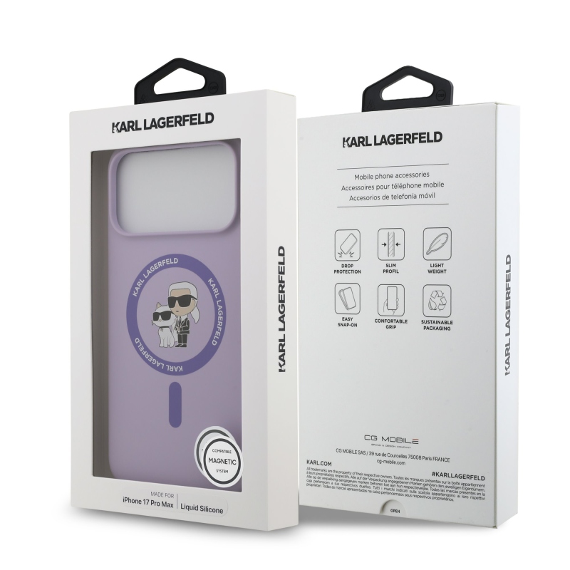 Karl Lagerfeld Liquid Silicone Karl and Choupette MagSafe Zadní Kryt pro iPhone 17 Pro Max Purple