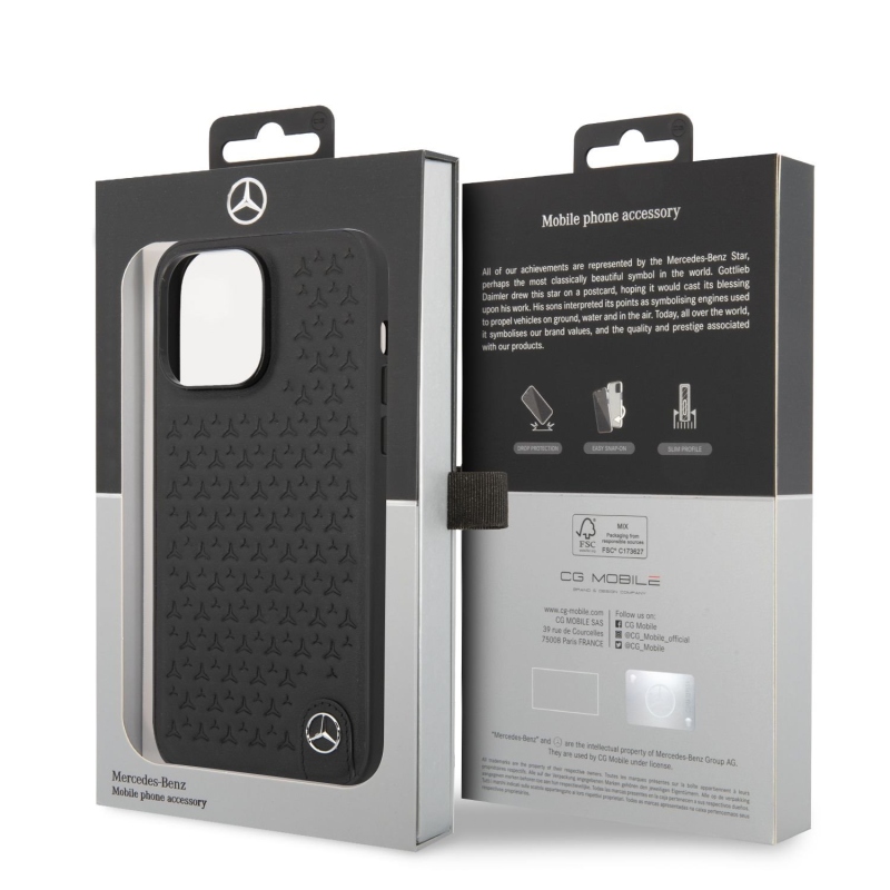 Mercedes Genuine Leather Star Zadní Kryt pro iPhone 14 Pro Max Black