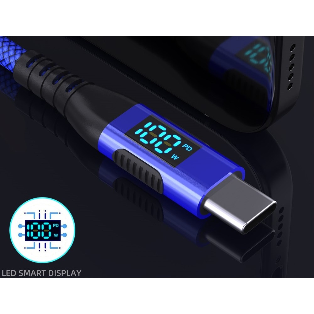 Nylonový kabel USB-C / USB-C s displejem 1m 100W - modrý