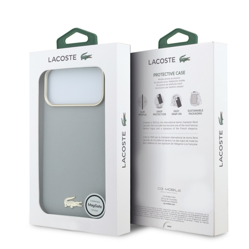 Lacoste PU Leather Champs Elysees Gold Logo MagSafe Zadní Kryt pro iPhone 18 Pro Light Grey