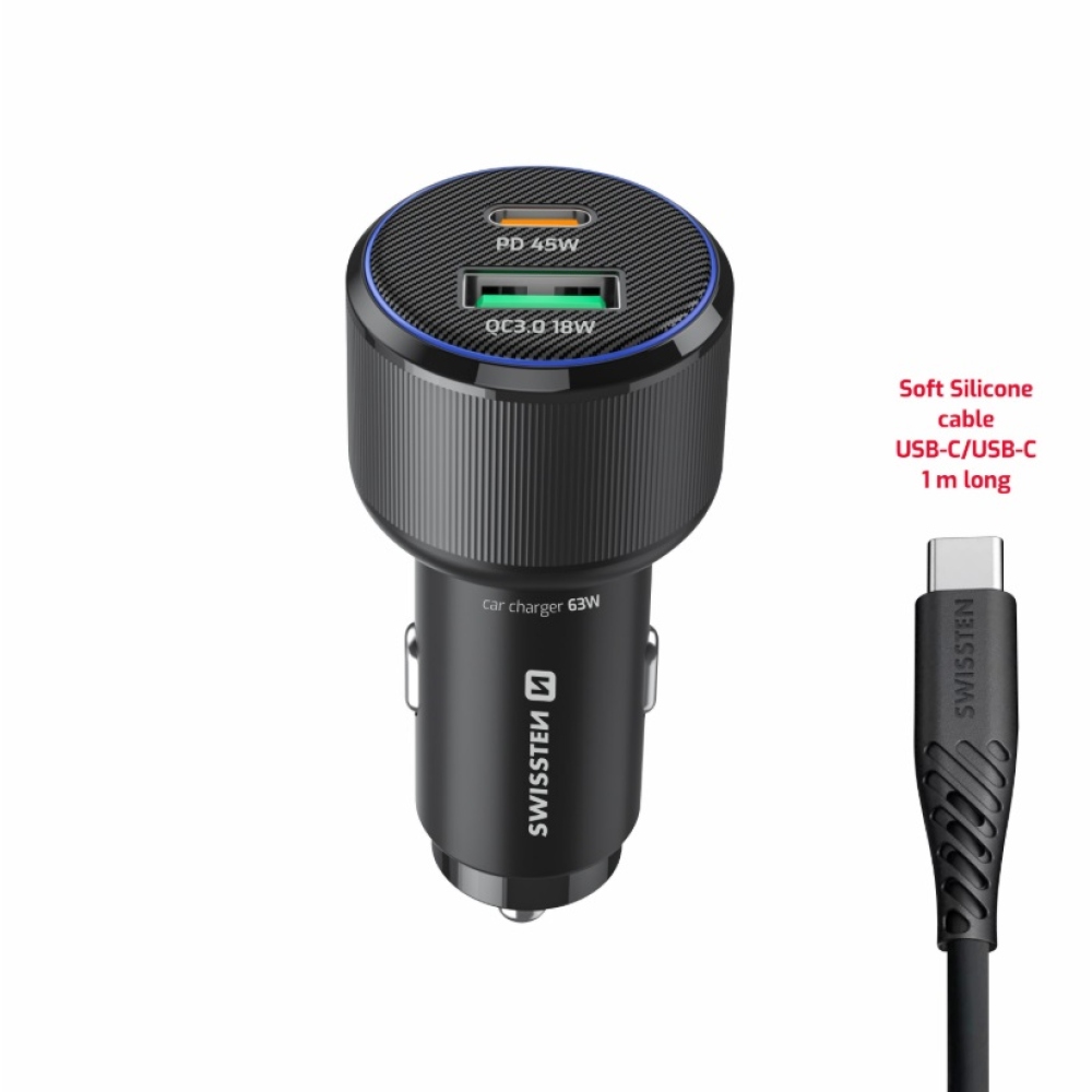 Swissten CL adaptér USB-C PD + USB-A, 63W - černý + kabel USB-C / USB-C, 1m