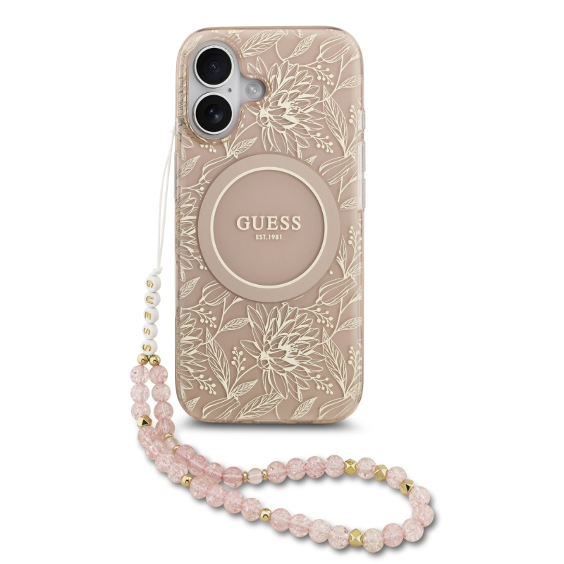 Guess IML Flowers Allover Strap MagSafe Zadní Kryt pro iPhone 17 Pink