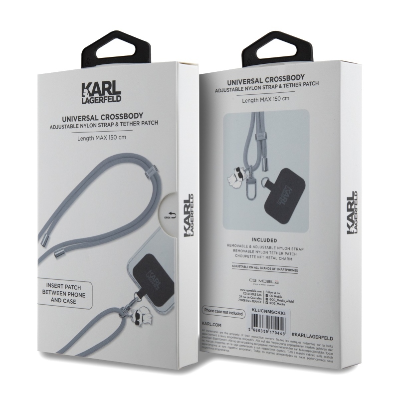 Karl Lagerfeld Universal Crossbody Popruh Cord and Choupette Pins Grey