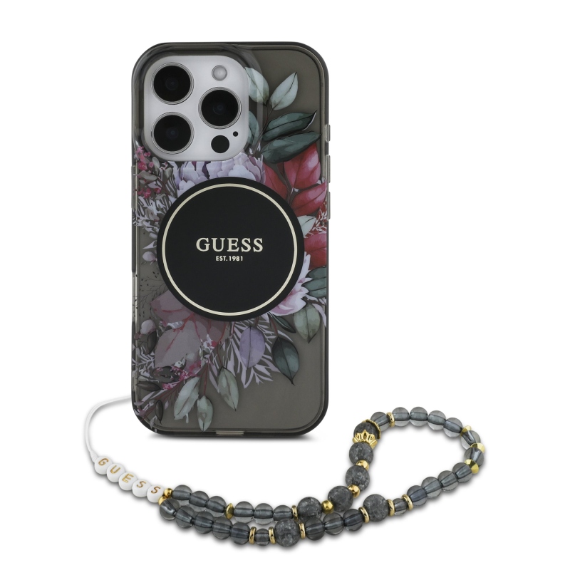 Guess IML Flowers Pearl Strap MagSafe Zadní Kryt pro iPhone 16 Pro Max Black