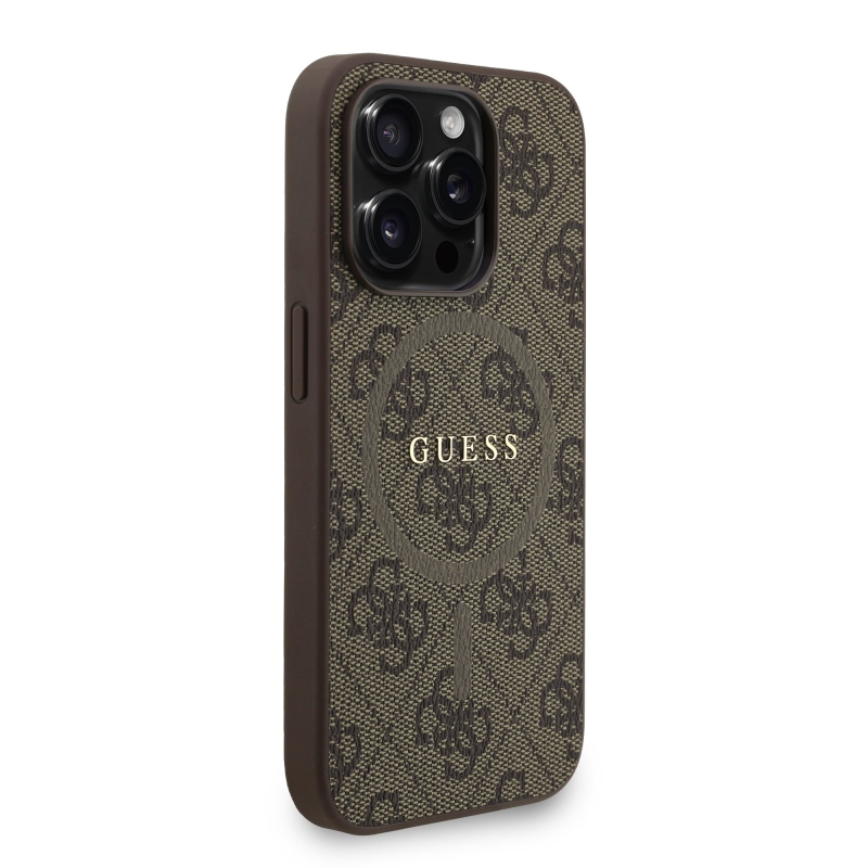 Guess PU Leather 4G Colored Ring Strap MagSafe Zadní Kryt pro iPhone 15 Pro Brown