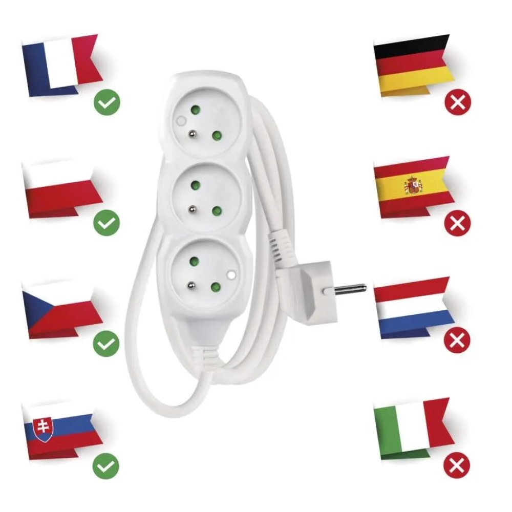 Prodlužovací kabel 1,5 m / 3 zásuvky / bílý / PVC / 1 mm2